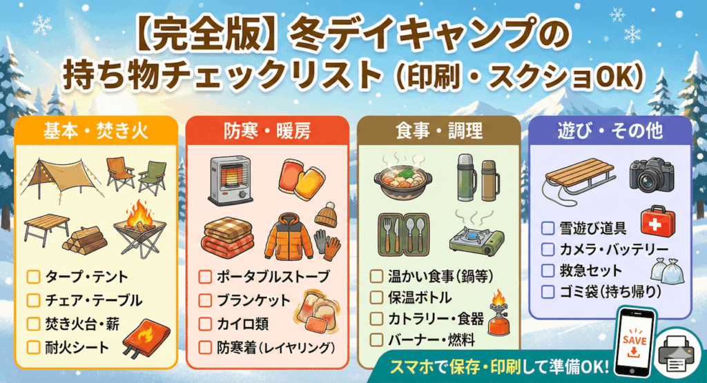 【完全版】冬デイキャンプの持ち物チェックリスト（印刷・スクショOK）