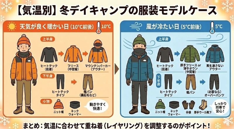 【気温別】冬デイキャンプの服装モデルケース