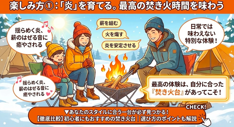 楽しみ方①：「炎」を育てる。最高の焚き火時間を味わう