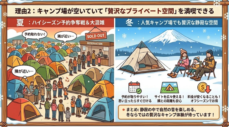 理由2：キャンプ場が空いていて「贅沢なプライベート空間」を満喫できる