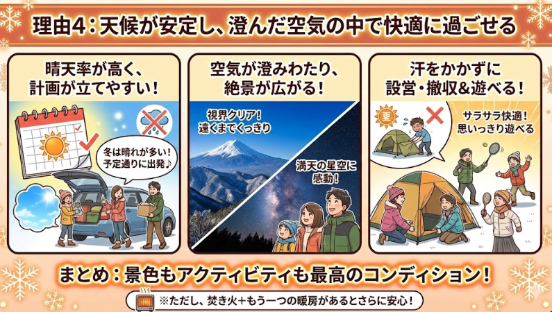 理由4：天候が安定し、澄んだ空気の中で快適に過ごせる