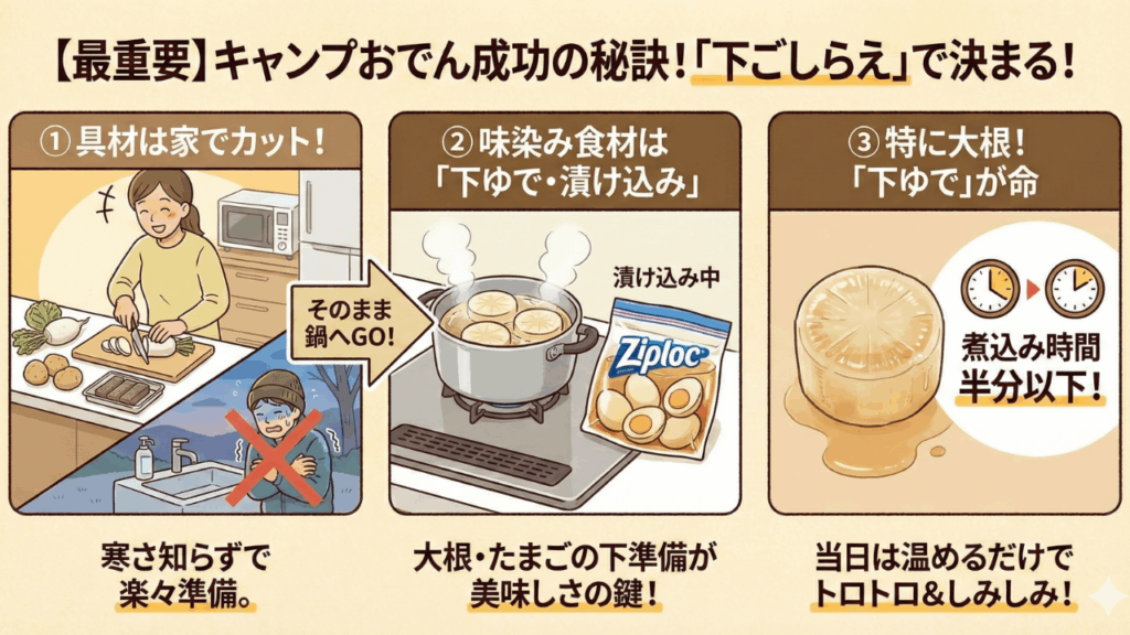 キャンプおでん成功の秘訣は「下ごしらえ」