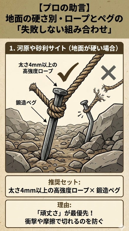 1. 河原や砂利サイト（地面が硬い場合）