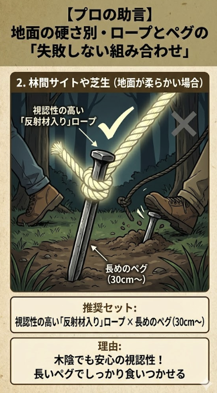 2. 林間サイトや芝生（地面が柔らかい場合）