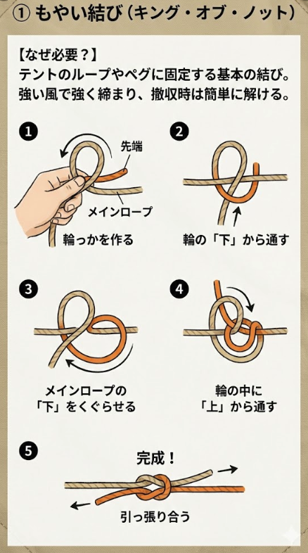 ① もやい結び（キング・オブ・ノット）