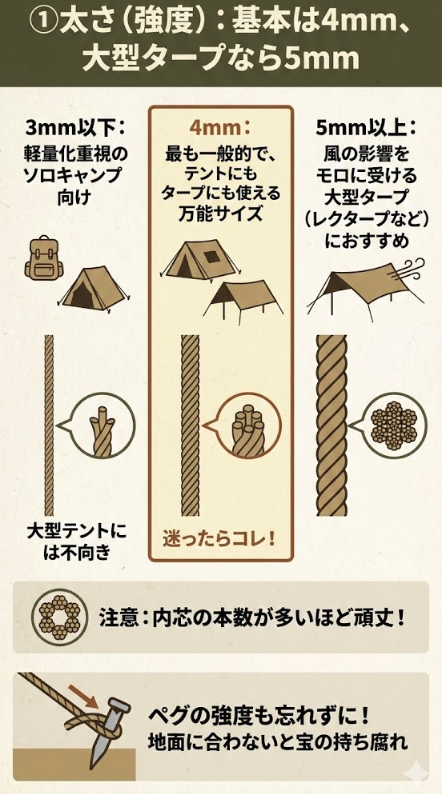 ① 太さ（強度）：基本は4mm、大型タープなら5mm