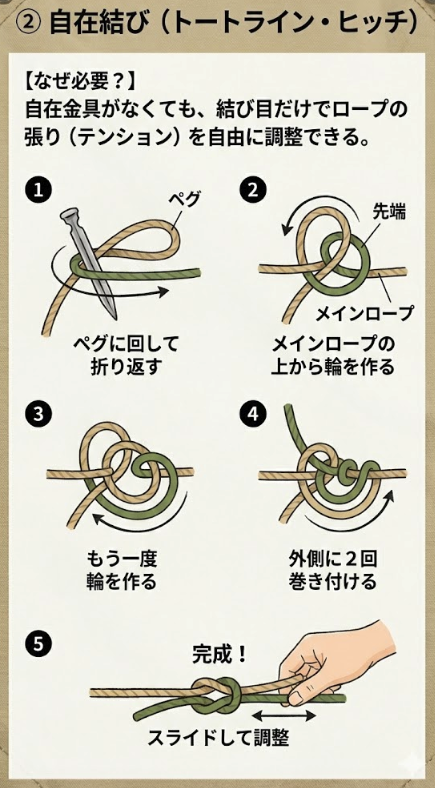 ② 自在結び（トートライン・ヒッチ）