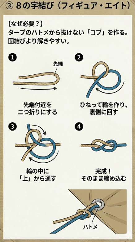 ③ 8の字結び（フィギュア・エイト）