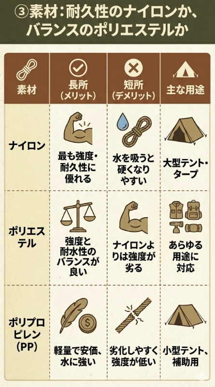 ③ 素材：耐久性のナイロンか、バランスのポリエステルか