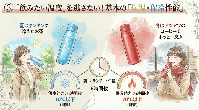 ③「飲みたい温度」を逃さない！基本の「保温・保冷性能」