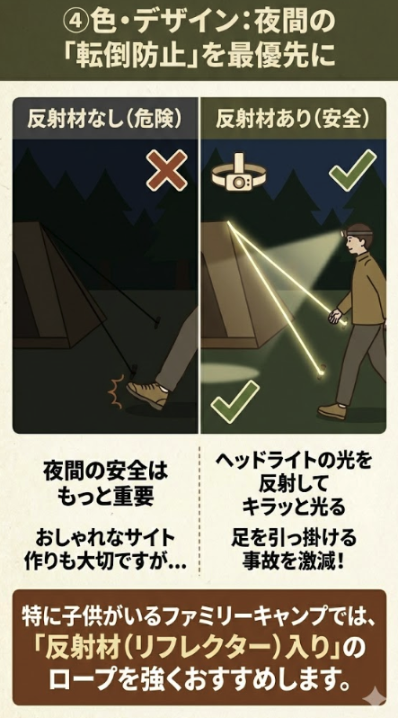④ 色・デザイン：夜間の「転倒防止」を最優先に