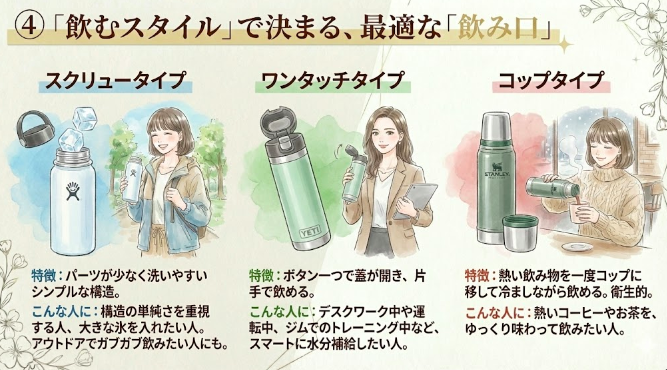 ④「飲むスタイル」で決まる、最適な「飲み口」