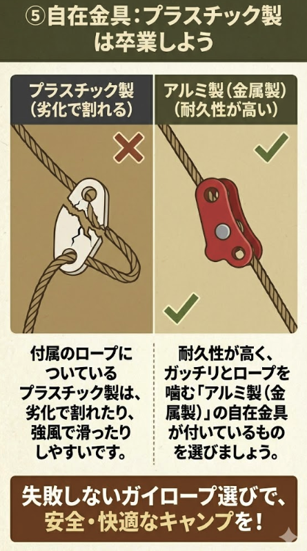 ⑤ 自在金具：プラスチック製は卒業しよう