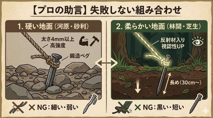 【プロの助言】地面の硬さ別・ロープとペグの「失敗しない組み合わせ」
