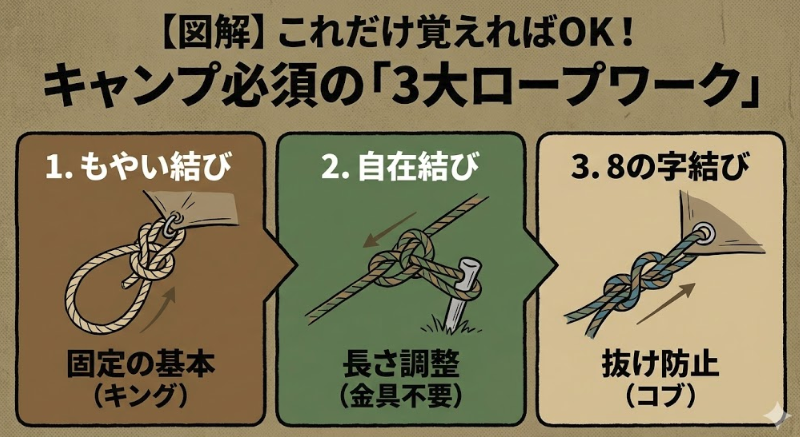 【図解】これだけ覚えればOK！キャンプ必須の「3大ロープワーク」