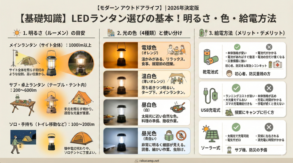 【基礎知識】LEDランタン選びの基本！明るさ・色・給電方法