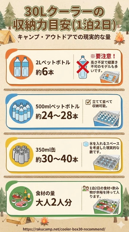 30Lクーラーの収納力目安（1泊2日）