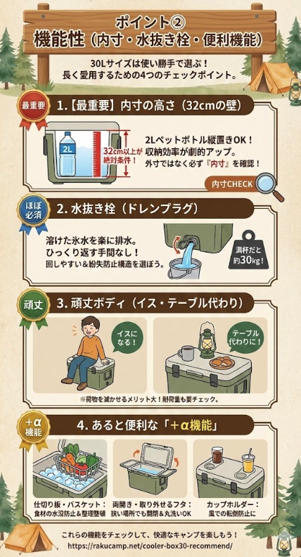 ポイント② 機能性（内寸・水抜き栓・便利機能）