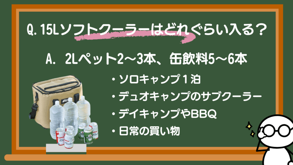 Q.15Lソフトクーラーはどれぐらい入る？A．2Lペット2～3本、缶飲料5〜6本