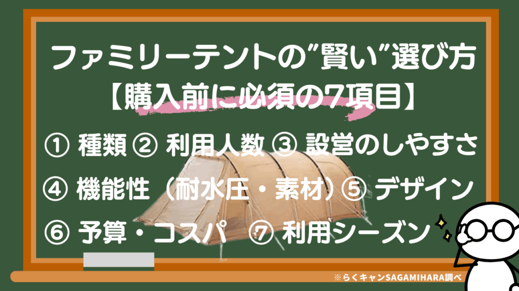 ファミリーテントの”賢い”選び方【購入前に必須の7項目】
①種類②利用人数③設営のしやすさ④機能性⑤デザイン⑥予算コスパ⑦利用シーズン