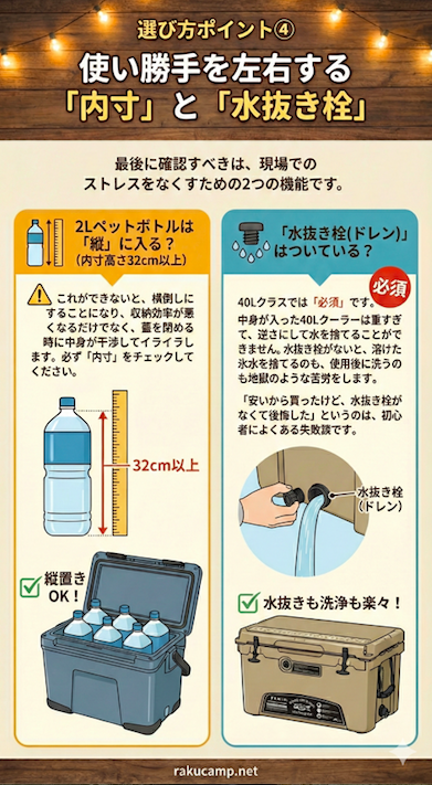ポイント④ 使い勝手を左右する「内寸」と「水抜き栓」