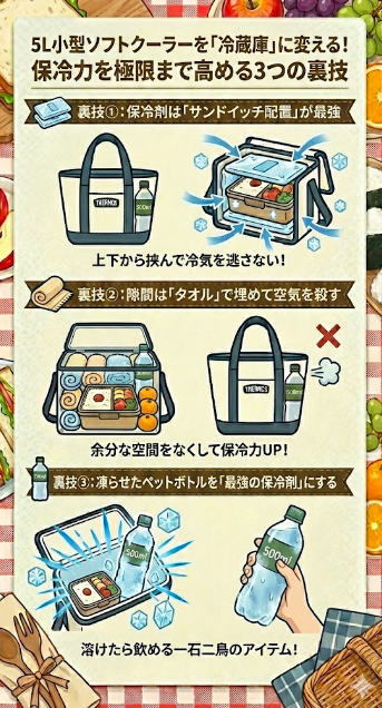 5L小型ソフトクーラーの保冷力を冷蔵庫並みに高める3つの裏技図解。1.保冷剤はお弁当の上下に配置する「サンドイッチ配置」にする。2.お弁当箱・水筒・みかんなどを入れた後の隙間をタオルで埋めて空気の層をなくす。3.凍らせたペットボトルを最強の保冷剤として活用し、溶けたら飲料にする一石二鳥テクニック。