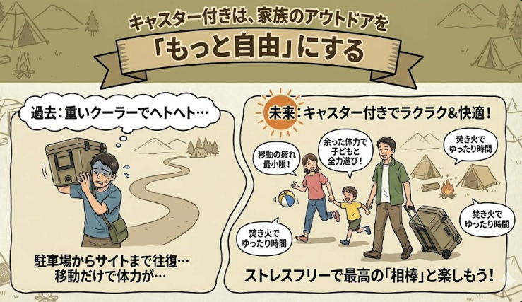 【図解】キャスター付きクーラーボックスが家族のアウトドアを「もっと自由」にする理由。重いクーラーを担いで駐車場とサイトを往復し、移動だけで疲弊していた「過去」と、キャスター付きでラクラク移動し、余った体力で子どもと全力で遊んだり焚き火でゆったり過ごせる「未来」を比較したイラスト。ストレスフリーで快適なキャンプライフを提案。