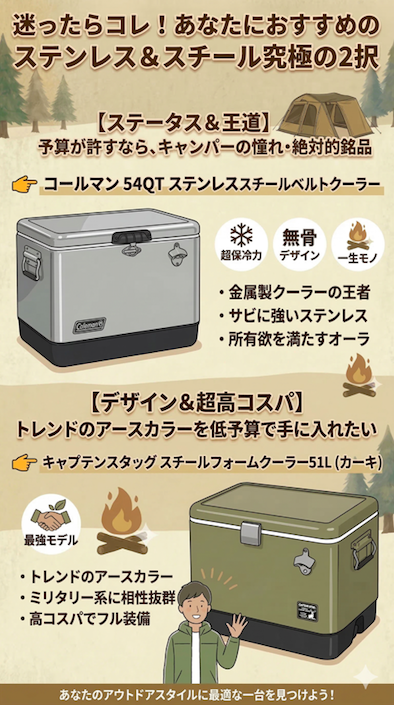 「迷ったらコレ！ステンレス＆スチール究極の2択」キャンプ用クーラーボックス比較インフォグラフィック。ステータスと王道の「コールマン 54QT ステンレススチールベルトクーラー」と、デザインと超高コスパの「キャプテンスタッグ スチールフォームクーラー 51L カーキ」の特徴（保冷力、デザイン、一生モノ、アースカラー、コスパ）を、テント、焚き火、手を振る男性のイラストと共に比較解説。フッターには「あなたのアウトドアスタイルに最適な一台を見つけよう！」のメッセージ。