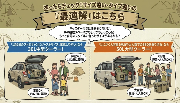 【図解】キャスター付きクーラーボックスのサイズ選びの最適解。車の積載スペースやキャンプスタイルに合わせて、1泊2日のファミリーキャンプにジャストサイズで車載しやすい「30L中型クーラー」と、連泊や大人数でのBBQに対応する大容量の「50L大型クーラー」のそれぞれのメリットを、車への積載イメージと利用シーンのアニメーションで解説。