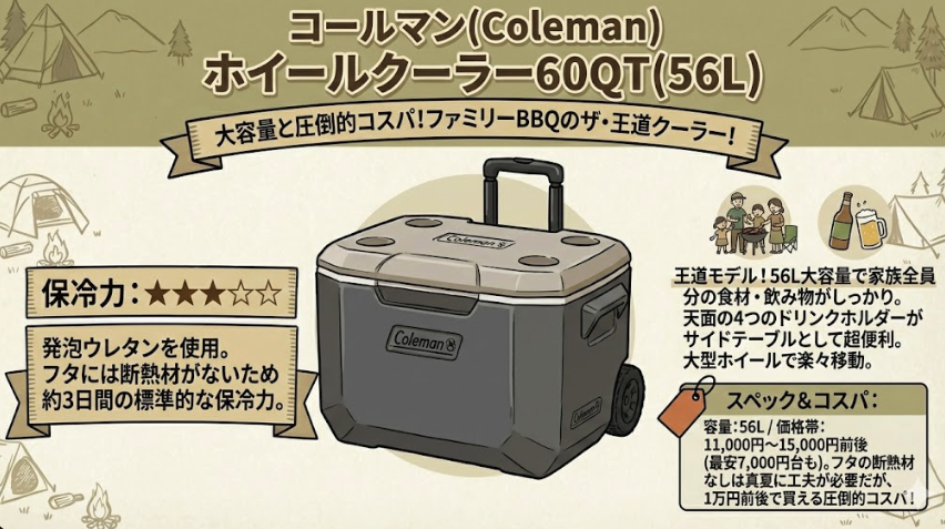 コールマン(Coleman) ホイールクーラー60QT(56L)の機能を紹介する図解。「大容量と圧倒的コスパ!ファミリーBBQのザ・王道クーラー!」と題され、中央にグレーとベージュのツートンカラーの製品イラストが配置されている。左側には「保冷力:★★★☆☆」とあり、「発泡ウレタンを使用。フタには断熱材がないため約3日間の標準的な保冷力。」と説明。右側には、家族全員分の食材・飲み物が入る「56L大容量」と、サイドテーブルとして便利な「天面の4つのドリンクホルダー」、「大型ホイールで楽々移動」という特徴が、ファミリーBBQやドリンクのイラスト付きで紹介されている。右下には「スペック&コスパ」として、容量56L、価格帯11,000円〜15,000円前後(最安7,000円台も)で、フタの断熱材なしは真夏に工夫が必要だが「1万円前後で買える圧倒的コスパ!」と記載されている。