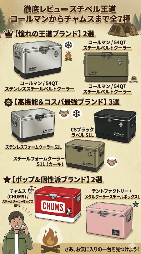 キャンプ用クーラーボックス7種の比較レビューインフォグラフィック。タイトルは「徹底レビュー スチベル王道 コールマンからチャムスまで全7種」。3つのカテゴリー（王道ブランド、高機能＆コスパ最強、ポップ＆個性派）で、コールマン（ステンレス、カーキ）、キャプテンスタッグ（ステンレス、ブラック、カーキ）、チャムス（赤）、テントファクトリー（ピンク）のイラストと日本語名を掲載。各製品には保冷力やコスパ、一生モノなどの特徴を示すアイコンとラベルが付いている。下部には森とテントの背景、焚き火をするキャラクター、そして「さあ、お気に入りの一台を見つけよう！」というメッセージがある。