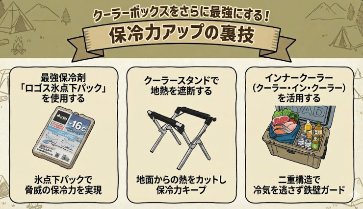 【図解】クーラーボックスの保冷力をさらに最強にする3つの裏技。ロゴス氷点下パックの使用、クーラースタンドでの地熱遮断、インナークーラー(二重構造)の活用方法をイラストで解説。