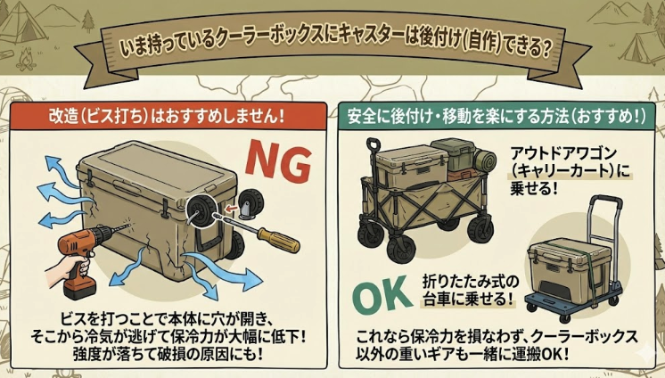 【図解】クーラーボックスにキャスターは後付けできる?ビス打ち改造がNGな理由(保冷力低下)と、推奨される安全な方法(アウトドアワゴンや台車の活用)の比較解説