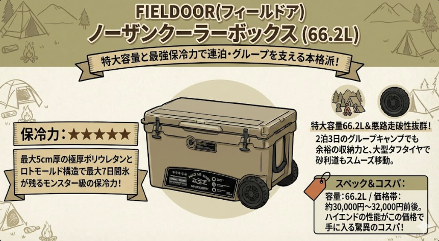 FIELDOOR(フィールドア) ノーザンクーラーボックス 66.2Lの機能を紹介する図解。「特大容量と最強保冷力で連泊・グループを支える本格派!」と題され、中央にサンドカラーの製品イラストが配置されている。左側には「保冷力:★★★★★」とあり、「最大5cm厚の極厚ポリウレタンとロトモールド構造で最大7日間氷が残るモンスター級の保冷力!」と説明。右側には、2泊3日のグループキャンプにも余裕の「特大容量66.2L」と、砂利道もスムーズに移動できる「大型タフタイヤ」による「悪路走破性抜群」という特徴がイラスト付きで紹介されている。右下には「スペック&コスパ」として、容量66.2L、価格帯約30,000円〜32,000円前後で、「ハイエンドの性能がこの価格で手に入る驚異のコスパ!」と記載されている。