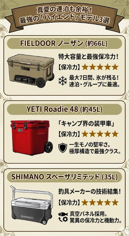 【ハイエンド】真夏の連泊も余裕!絶対の保冷力と頑丈さを誇る最強のキャスター付きクーラーボックス
