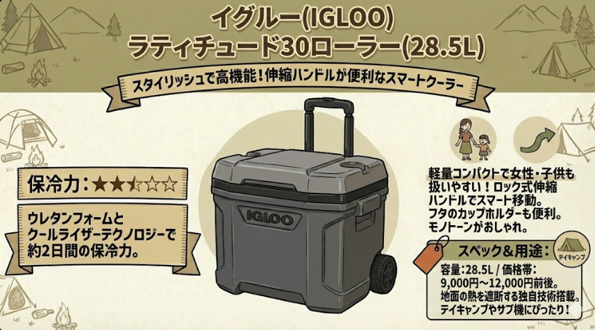 イグルー(IGLOO) ラティチュード30ローラー(28.5L)の機能を紹介する図解。「スタイリッシュで高機能!伸縮ハンドルが便利なスマートクーラー」と題され、中央に伸縮ハンドルを伸ばしたグレーの製品イラストが配置されている。左側には「保冷力:★★★☆☆」とあり、「ウレタンフォームとクールライザーテクノロジーで約2日間の保冷力。」と説明。右側には、「軽量コンパクトで女性・子供も扱いやすい!」点や、「ロック式伸縮ハンドルでスマート移動」、「フタのカップホルダーも便利」、「モノトーンがおしゃれ」という特徴が、親子や移動のイラスト付きで紹介されている。右下には「スペック&用途」として、容量28.5L、価格帯9,000円〜12,000円前後で、地面の熱を遮断する独自技術を搭載し、「デイキャンプやサブ機にぴったり!」と記載されている。