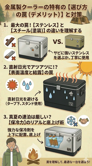 キャンプ場を背景にした、金属製クーラーボックスの特有の選び方の罠（デメリット）と対策を解説する日本語のインフォグラフィック。タイトルは「金属製クーラーの特有の【選び方の罠（デメリット）】と対策」。3つの主要セクションで構成。1. ステンレスとスチール（塗装）の違いを理解する。錆びるリスク（スチールクーラーの錆びイラストと×マーク）と対策（ステンレスを選ぶ、丁寧に使用）。「VS.」マークで比較。2. 直射日光で表面温度と結露の罠。太陽光を浴びて熱くなる黒い金属製クーラーと、結露の水滴アイコン。対策（直射日光を避ける、タープ下、スタンド使用）。3. 真夏の連泊時の保冷力のリアルと底上げ術。ペットボトルと氷が入った半透明のクーラーボックス。対策（強力な保冷剤を上下に配置、底上げ）。フッターに指を差す男性、焚き火、そして「罠を理解して、最適な一台を選ぼう！」のテキスト。いくつかのクーラーにはキャプテンスタッグのロゴ。