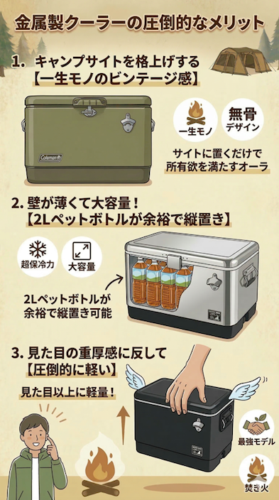 「キャンプ用金属製クーラーボックスのメリットを紹介する日本語のインフォグラフィック。タイトルは『金属製クーラーの圧倒的なメリット』。3つのセクションで構成。1. 『一生モノのビンテージ感』としてコールマンのスチールベルトクーラーとテントのイラスト。2. 『壁が薄くて大容量、2Lペットボトルが縦置き可能』としてキャプテンスタッグのステンレスクーラーと収納されたペットボトルのイラスト。3. 『見た目の重厚感に反して圧倒的に軽い』として羽で浮く黒いキャプテンスタッグのクーラーと手を添える男性のイラスト。『サイトに置くだけで所有欲を満たすオーラ』のテキスト。」