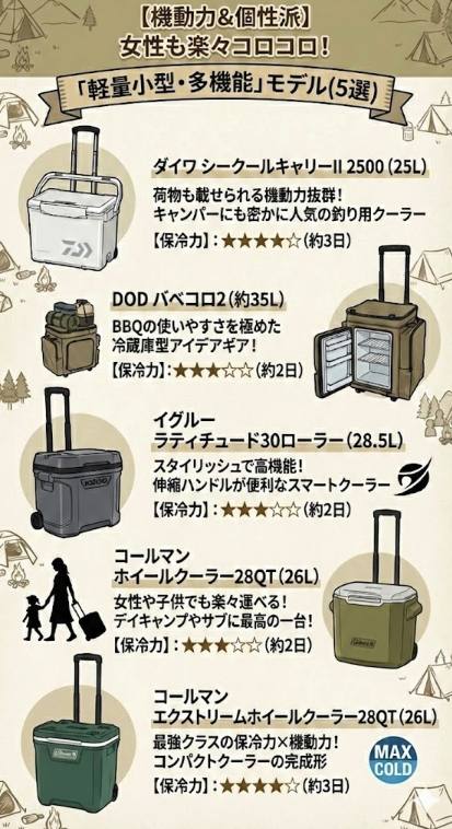 【軽量小型・多機能】女性も楽々コロコロ運べる!デイキャンプやサブ機に最適な機動力抜群のキャスター付きクーラーボックス