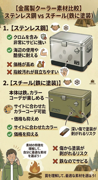 金属製クーラーボックスの素材比較（ステンレス鋼 vs スチール塗装）を解説するインフォグラフィック。ステンレス鋼のセクションでは、高いサビ耐性と酷使耐性（メリット）と、価格と指紋汚れ（デメリット）を挙げ、光沢のあるクーラーのイラストで表現。スチール塗装のセクションでは、カラーコーデの多様さと低価格（メリット）と、傷から塗装が剥がれてサビるリスク（デメリット）を、傷つきサビたクーラーのイラストで表現。下部には、男性キャラクターが最適な素材を選ぶよう呼びかけるメッセージが描かれている。