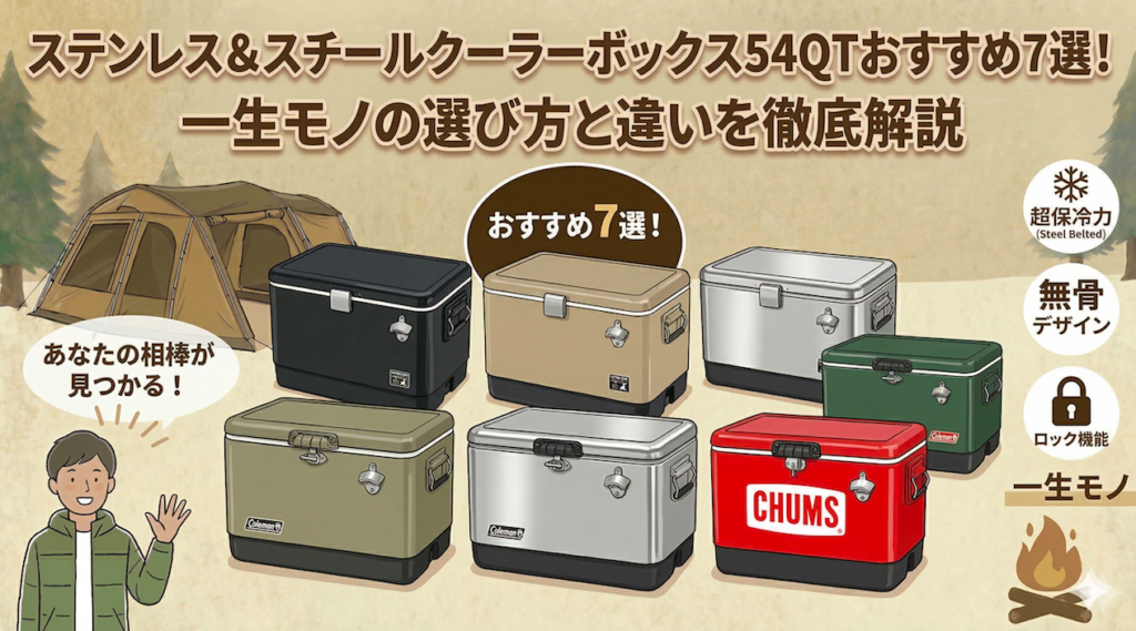ステンレス＆スチールクーラーボックス54QTおすすめ7選の選び方を解説するインフォグラフィック。7種類のクーラーボックス、大型テント、手を振る男性キャラクター、機能アイコンが描かれています。
