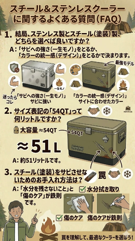 キャンプ用スチール＆ステンレスクーラーに関するよくある質問（FAQ）を解説するインフォグラフィック。3つの質問と回答が掲載されています。1. ステンレスとスチールどちらを選ぶ？: 「サビへの強さ（一生モノ）」を求めるならステンレス（サビに強いクーラー）、「カラーの統一感（デザイン）」を求めるならスチール（サイトに合わせたカラー、最強モデルのクーラー）で決まります。2. 54QTは何リットル？: 約51リットル（「大容量 ≈ 54QT」から「≈ 51L」へ矢印）。3. スチールをサビさせないお手入れ方法は？: 「水分を残さないこと」と「傷のケア」が鉄則（「水分拭き取り」と「傷のケア」のイラスト）。下部には男性キャラクター、焚き火、テント、フッターテキスト「罠を理解して、最適なクーラーを選ぼう！」とHERITAGEロゴがあります。