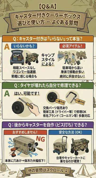 【図解Q&A】キャスター付きクーラーボックスの選び方と使い方に関するよくある質問まとめ。「いらない」という意見の真偽、タイヤの修理方法、後付け自作の可否(NG理由と安全な代替案)について解説。