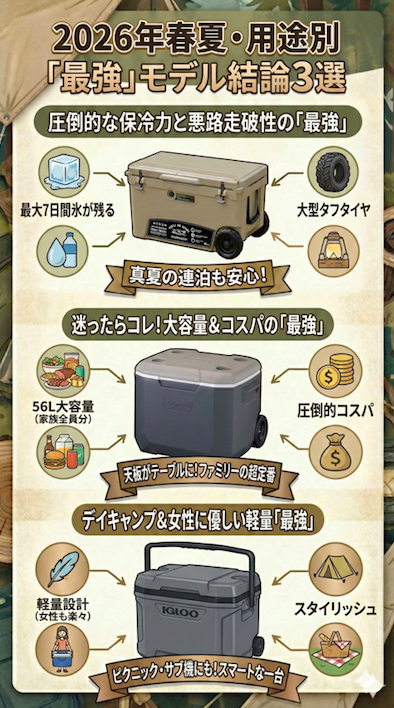 「2026年春夏・用途別『最強』モデル結論3選の図解。圧倒的な保冷力と悪路走破性のFIELDOORノーザンクーラーボックス、大容量&コスパのColemanホイールクーラー60QT、軽量でスタイリッシュなIGLOOラティチュード30ローラーの3モデルを、それぞれの特徴(最大7日間氷が残る、大型タフタイヤ、56L大容量、圧倒的コスパ、軽量設計など)とともにアイコンとテキストで比較紹介している。」