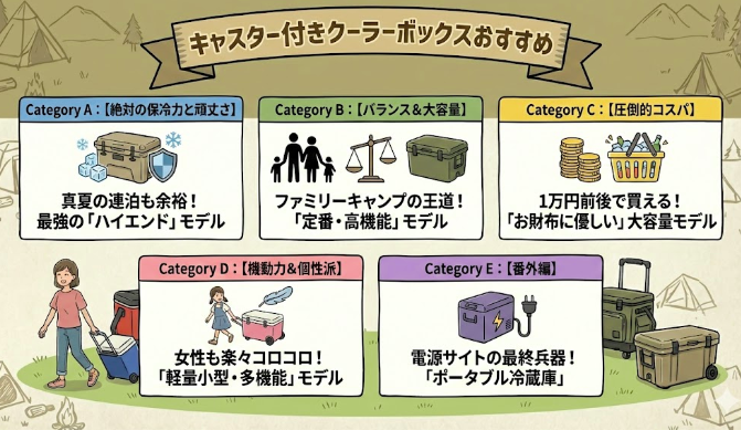 【図解】キャスター付きクーラーボックスおすすめカテゴリー別まとめ。絶対の保冷力「ハイエンド」、バランス&大容量「定番・高機能」、圧倒的コスパ「お財布に優しい」、機動力&個性派「軽量小型・多機能」、電源サイトの最終兵器「ポータブル冷蔵庫」の5つのタイプの特徴をイラストで比較解説。