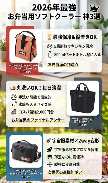 【結論】迷ったらコレ！筆者おすすめの「神」3選

🏆 【最強保冷】迷ったらコレ！「縦置き」できる最強モデル 
AO Coolers(エーオークーラーズ) ランチソフトクーラー (5.7L)

🍱 【日常・清潔】丸洗いOK！お弁当派の「ファイナルアンサー」 
サーモス(THERMOS) 保冷ランチバッグ 7L

🚀 【最新技術】宇宙服素材×2wayの次世代機 
HUGEL(ヒューゲル) 2wayエアロゲルソフトクーラー (4L)