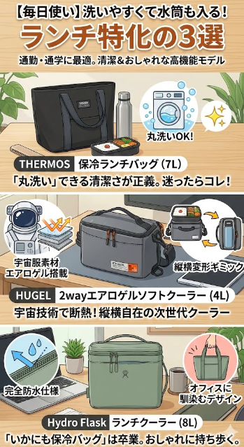 カテゴリB：【毎日使い】洗いやすくて水筒も入る！ランチ特化の3選