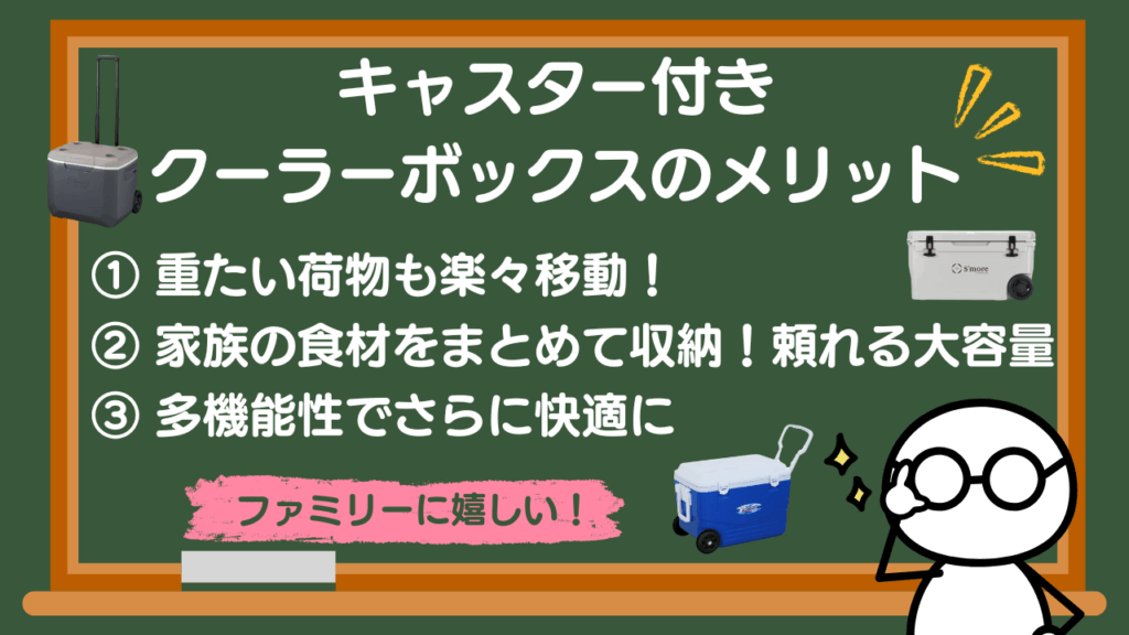 キャスター付きクーラーボックスのデメリット
①重たい荷物も楽々移動!ファミリーの笑顔を運ぶ快適性
②家族みんなの食材をまとめて収納!頼れる大容量
③ただの箱じゃない!多機能性でアウトドアシーンをさらに快適に