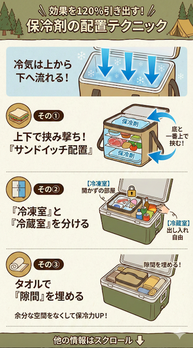 保冷剤の効果を最大限に引き出す配置テクニックを図解。「冷気は上から下へ流れる」という特性を利用し、食材を上下の保冷剤で挟む「サンドイッチ配置」、クーラーボックス内を開かずの「冷凍室」と出し入れ自由な「冷蔵室」に分ける方法、隙間をタオルで埋めて保冷力を維持する方法をイラストで分かりやすく解説しています。