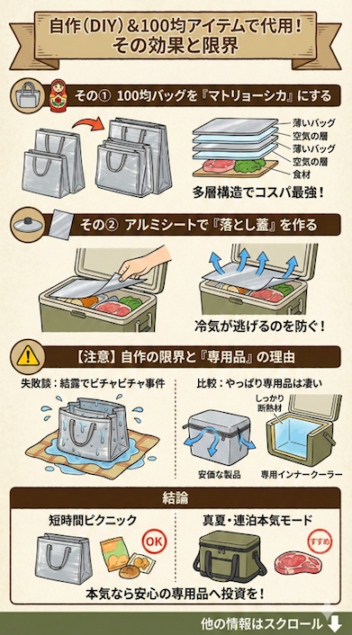 インナークーラーを自作(DIY)や100均アイテムで代用する方法とその限界を図解。100均の保冷バッグを重ねて多層構造にする「マトリョーシカ」や、アルミシートで冷気を閉じ込める「落とし蓋」のアイデアを紹介。一方で、自作した場合の結露による失敗談と断熱材がしっかりした専用品のメリットを比較し、短時間のピクニックと真夏の連泊での使い分けを推奨しています。